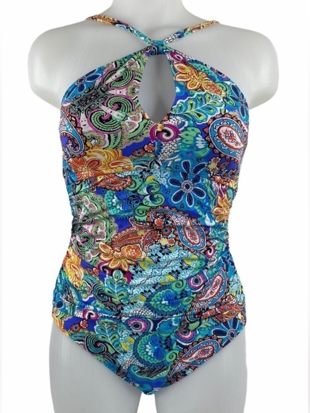 NWT Bleu Rod Beattie Bright Blue Paisley Halter Floral One-Piece Swimsuit
